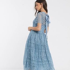ASOS grey blue lace dress perfect for wedding guests.